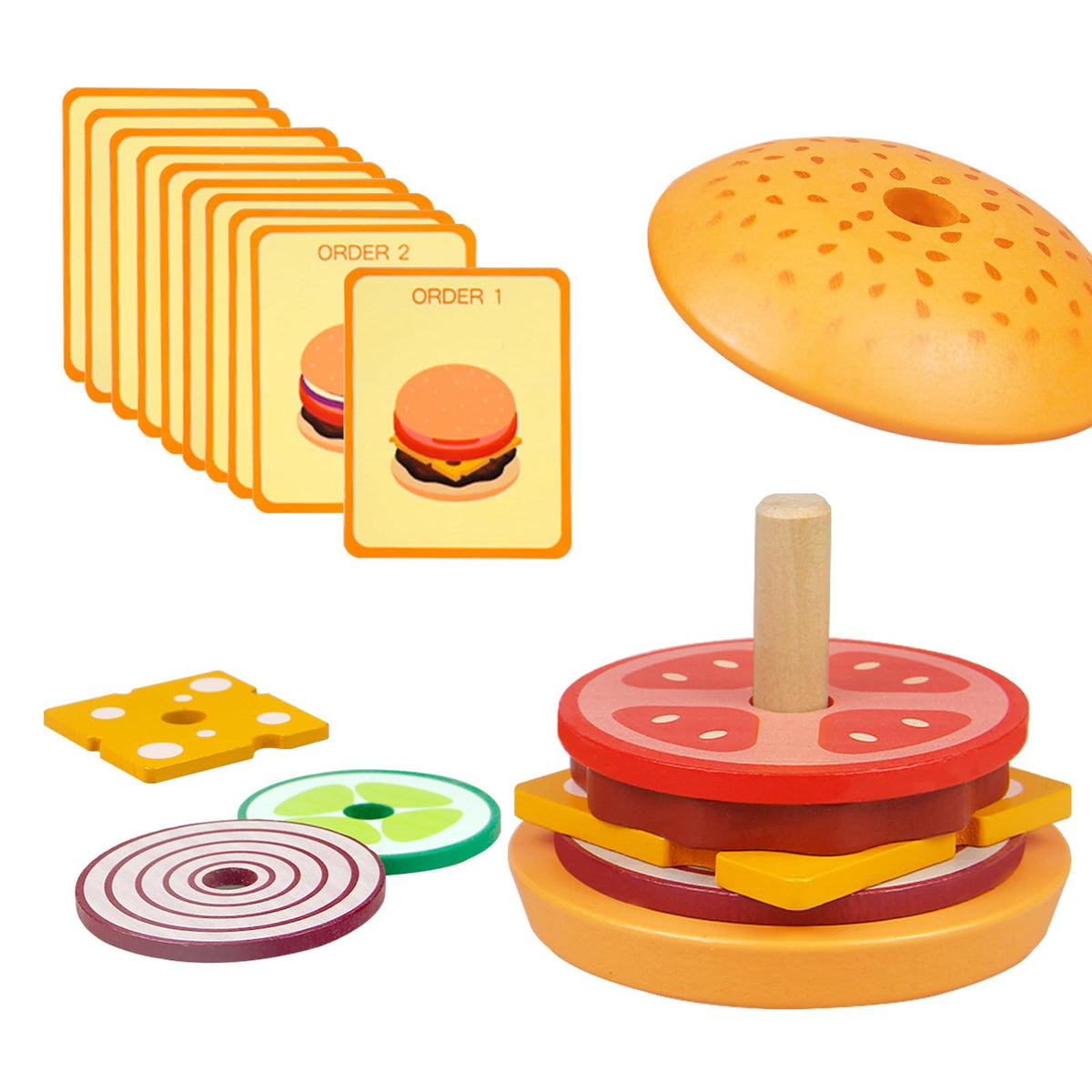 Wooden Burger Stacking Toy for Fine Motor Skills & Pretend Play